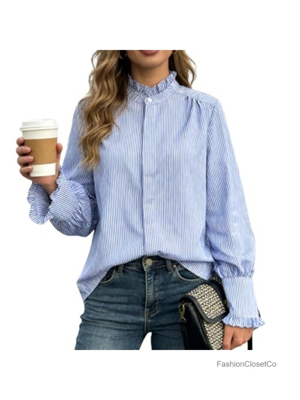 Women's Striped Button Down Ruffle Collar Blouse Cotton Elastane Work Top